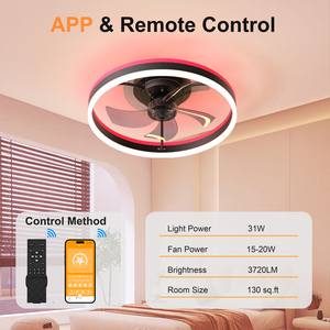 19.7" <b>RGB</b> Flush Mount Ceiling Fan with Light 6-Speed Reversible Low Profile Fan with Remote & APP for Bedroom, Black - Product Image 5