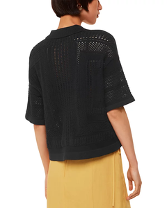 Blusa <span class=keywords><strong>de</strong></span> Mujer Negra con Crochet Calado, Cuello Camisero, Manga Media, Corta, con Botones, para Oficina y Uso Casual - Product Image 2
