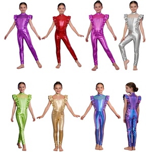 Girls Metallic Dance Jumpsuit Rhinestone <b>Mesh</b> Mock Neck Ruffle Sleeve <b>Unitard</b> Jazz Contemporary Stage Performance Competition - Product Image 1
