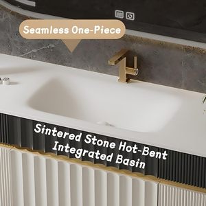 Mueble <span class=keywords><strong>de</strong></span> <span class=keywords><strong>Baño</strong></span> Moderno <span class=keywords><strong>de</strong></span> Lujo en Blanco y Negro, Montado en la Pared, con Cinco Cajones, Lavabo Integrado y Espejo Ovalado con Iluminación LED Inteligente - Product Image 4