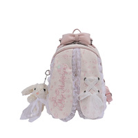 Sac à dos coréen à pois avec oreilles de lapin et fermeture éclair, en polyester, dentelle florale, grande capacité, mignon, pour femme