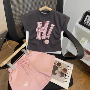 2023 Summer Toddler Kid Girl 2 pcs Sport Style Shirt + Shorts Gray Letter Print Shirt + Pink Shorts 2-7 Years