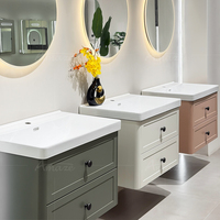 Meuble de salle de bain mural de luxe 80/100/120 CM avec vasque en céramique, meuble-lavabo en contreplaqué et miroir LED intelligent rond