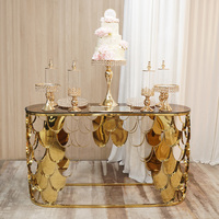 Table de réception de mariage élégante et moderne, table de bar en acier inoxydable à motif écailles de poisson dorées pour la présentation de gâteaux, fleurs et desserts