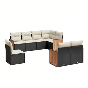 Ensemble de canapés de jardin modulaires en rotin PE noir 6 places, mobilier d'extérieur au design contemporain avec structure en teck - Product Image 1