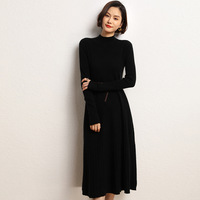 ODM fabricants 70% laine 30% cachemire femmes robe demi-col haut a-ligne cachemire tricoté Maxi robe avec ceinture
