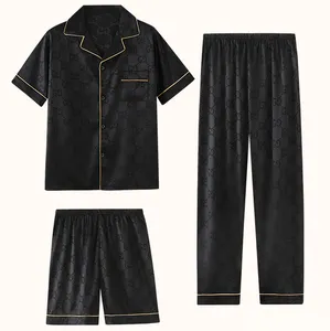 designer summer black ice silk matching sleepwear 3 piece short set pjs sleeping pyjama pajamas for men