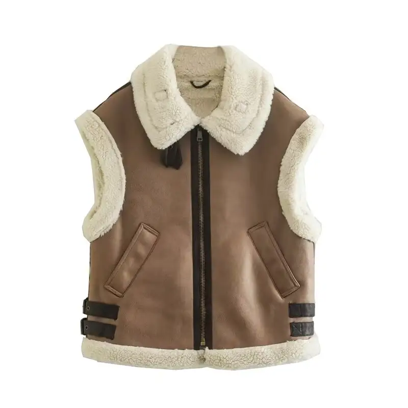 MYST&ZA Women's 2024 Spring New Casual Lapel Sleeveless Thickened Warm Imitation Leather Fleece Splicing Vest 2969256