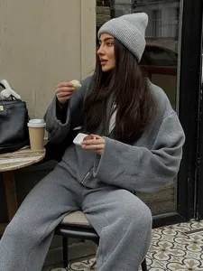 Bộ thu đông nữ Blubelle mới: Áo khoác có khóa kéo, quần ống rộng, chất liệu dệt kim mềm mại, áo len dài tay rộng rãi, phong cách thường ngày - Product Image 4