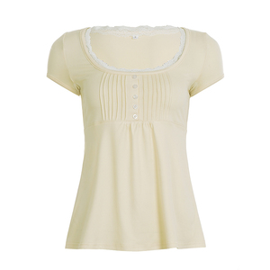 Solid Color Lace <b>Patchwork</b> <b>Top</b> with Button Front and A-line Flared Hem Sweet Style - Product Image 6