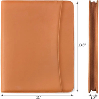 Carpeta de presentación estilo bolsa A4 Padfolio con cremallera de cuero PU profesional hecho a mano con logotipo personalizado de calculadora
