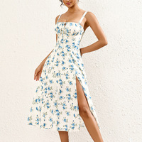 Vacances Plage Imprimé Floral Spaghetti Strap Fishbone a Line Bustier Robes Cowl Neck Crisscross High Slit Midi Sundress