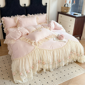 Parure de lit en coton style princesse coréenne 4 pièces avec broderie et dentelle, housse de couette, drap plat et drap-housse pour usage domestique - Product Image 2