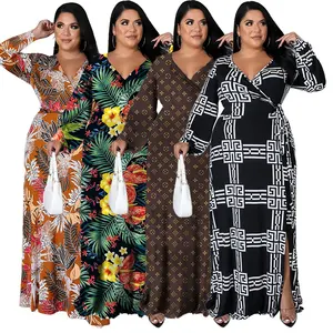 Plus Size Women Casual V Neck Long Sleeve Lower Hem Slit Maxi Dress Women Digital Printing Holiday Dresses Ladies Big Size Fat