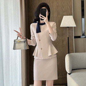 Apricot Ruffled Women's Suit Set Full Sleeve Polyester Elegant Autumn Anti-Wrinkle Beauty Salon Uniform - Product Image 1