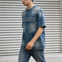 T-shirts en denim tricoté 100 % coton pour hommes, 240 grammes, coupe oversize, lettres brodées, délavé à l'acide, style streetwear décontracté, grandes tailles, motif