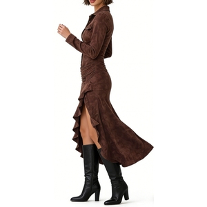 Vestido Camisero para Mujer - Cierre de Botones, Fruncido, Volantes, Corte Asimétrico, Maxi, Ropa de Mujer, Vestidos de Moda - Product Image 3