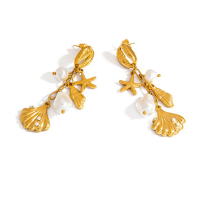 ต่างหูไข่มุกเคลือบทองพร้อมจี้รูปปลาดาวสวมใส่ได้ทุกวัน - Product Image 5