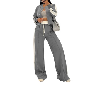 ชุดเซ็ต 2 ชิ้น เสื้อแขนยาวแต่งขอบถักสไตล์ลำลองสำหรับผู้หญิง ฤดูใบไม้ร่วง/ฤดูหนาว พร้อมกางเกงขายาวทรงกว้าง สปอร์ต แฟชั่น - Product Image 5