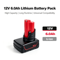 Batterie Li-ion rechargeable 12V 5.0Ah 6.0Ah, pack de remplacement avec sortie stable pour perceuse sans fil 12V