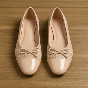 Chaussures <span class=keywords><strong>de</strong></span> luxe confortables 2025 pour femmes : <span class=keywords><strong>Ballerines</strong></span> élégantes en tweed avec nœud et bout verni, à enfiler, pour l'été - Product Image 1