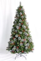 Sapin de Noël artificiel vert de 210 cm avec base articulée, aiguilles de pin en PVC et baies, décoration d'intérieur tendance