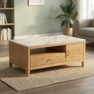 Mesa de centro moderna de madera con tapa de mármol y cajón de almacenamiento, muebles escandinavos para sala de estar - Product Image 3