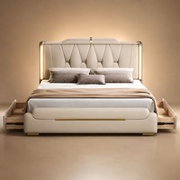 Luxuriöses Kingsize-Bettgestell mit Beigem Kunstleder-Kopfteil für Einzelhandels-Schlafzimmer