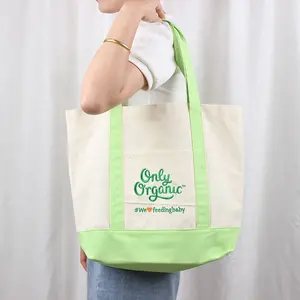 Kustom logo bordir warna hijau 100% katun berat kanvas katun tote tas bahu dengan kantong tas belanja
