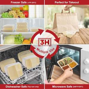 กล่องเตรียมอาหาร 3H ขนาด 45 ออนซ์ แบบ 3 ช่อง 100 กล่อง/ลัง, 200 ชิ้น พร้อมฝาปิด, กล่องอาหารแบบพกพา, ใช้กับไมโครเวฟ/เครื่องล้างจาน/ช่องแช่แข็งได้ - Product Image 4