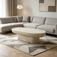 Table basse ovale en travertin nordique, centre de table en pierre beige naturelle, table basse moderne Wabi Sabi pour salon