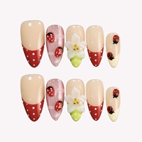 Faux ongles à presser en acrylique Playful Garden, motifs : Nude-rouge à pois, French 3D, Coccinelle, Plaid rose, Fleur blanche, Base verte, Or