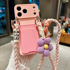 Étui porte-cartes avec cordon en silicone tressé motif floral compatible avec iPhone 16, 17, 15, 13, 12, 11, 14 Pro Max - Product Image 1