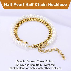 Mode Retro Heren Parel Ketting Vrouwen Half Parel Halve Ketting Ketting Rvs Zilver Cubaanse Link Ketting Kraag - Product Image 2