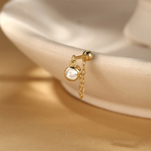 Single S925 Sterling <b>Silver</b> 18K Gold Plated Single 3mm Ball 2cm Long Tassel Chain Piercing Piercings <b>Earring</b> - Product Image 2