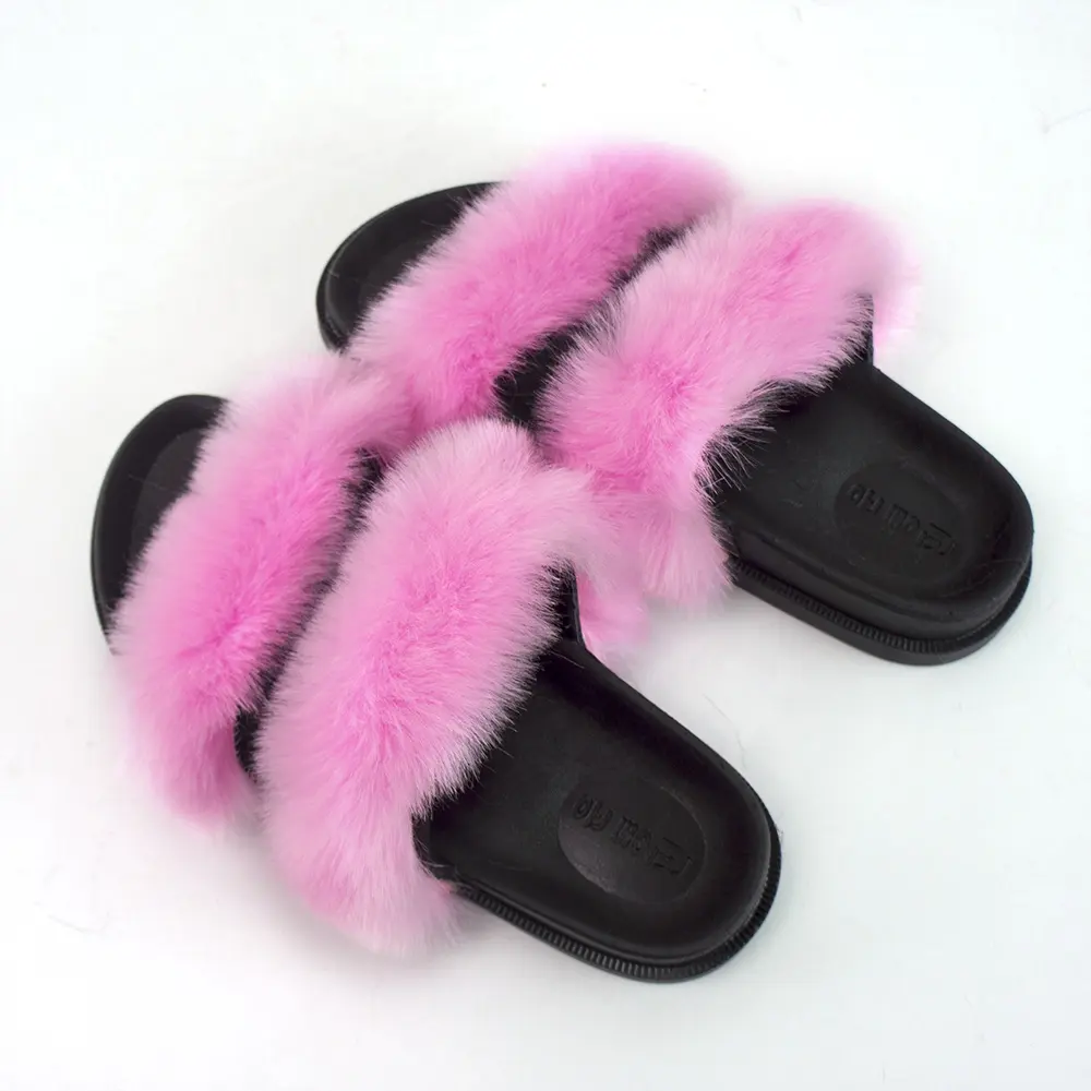 New Style Fake Fur Sandals Wholesale Soft Furry Shoes Faux 2 Strap Fur House Slippers For Women