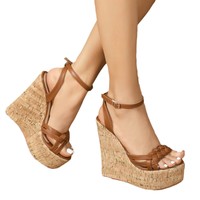 Plate-forme Sandales Femmes Poisson Bouche Bois Grain Boucle Super Haut Talon Compensé Bout Pointu PU Chaussures 35-41