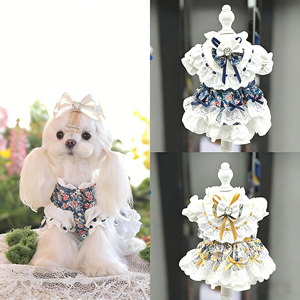 Vestido de Lujo Vintage Lolita para Mascotas, Estampado Floral, Encaje, Volantes, Lazo con Pedrería, para Perros Pequeños, Poliéster, Elegante, para Uso Diario - Product Image 4