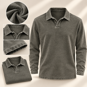 Polo Maniche Lunghe Uomo Vintage Washed Cotton Long Sleeve Polo <b>Shirt</b> Garment Dyed Relaxed Fit Custom Streetwear Top For <b>Men</b> - Product Image 2