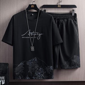Conjunto Deportivo Casual de Verano para Hombre de Dos Piezas a la Moda, Tallas Grandes, Nueva <span class=keywords><strong>Camiseta</strong></span> de Manga Corta de Color Sólido <span class=keywords><strong>con</strong></span> Estampado de Montaña Nevada en Tejido de Punto - Product Image 1