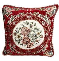 Ensemble de coussin de table et housse de coussin en jacquard chenille floral bordeaux vintage avec pompons, taille personnalisée, imperméable, pour salle à manger et hôtel