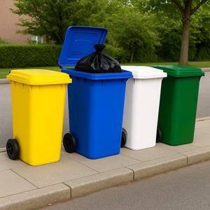 Set Of 4 120 Liter Waste <b>Bins</b> With Wheels <b>Lids</b> And Handles Green White Yellow Blue - Product Image 6