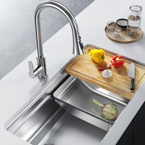 Fregadero de cocina grande de un solo seno para lavar verduras, de doble nivel, de acero inoxidable 304, para montaje superior/bajo encimera - Product Image 1