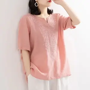 M-3XL Summer V-Neck Cotton Linen Shirt Art Loose Pullover Embroidered Short Sleeve T-shirt Women's Embroidered Top
