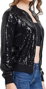 Custom Design Size Color <strong>Womens</strong> Sequin Jacket with Pockets Casual Long Sleeve Front Zip Bomber <strong>Blazer</strong> - Product Image 6