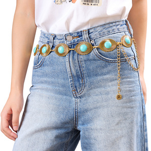 โซ่คาดเอวสีเทอร์ควอยซ์ โซ่โลหะรูปทรงเรขาคณิต สไตล์โบฮีเมียนตะวันตก สำหรับใส่ทุกวัน วัสดุโลหะผสมสังกะสี ประดับแบบฝังขอบเดี่ยว - Product Image 2