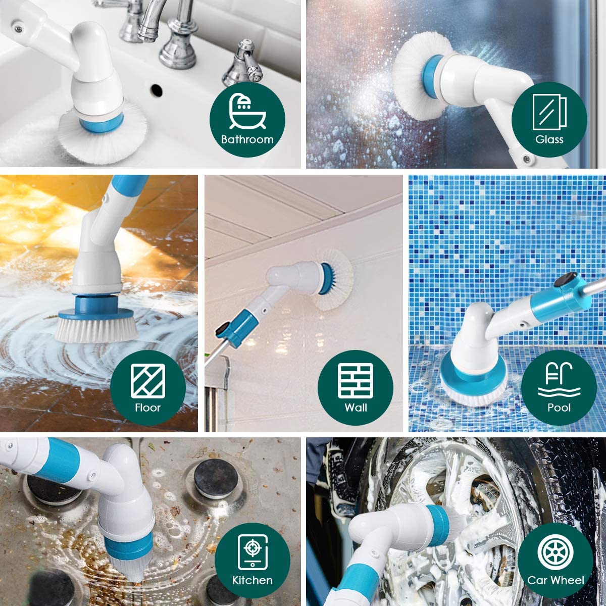 Electric Battery Operated Floor Spin Scrubber Wireless Rechargeable Bathroom Cleaning Brush with 3 Replaceable Brush Heads