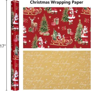 Burymento Christmas <b>Wrapping</b> <b>Paper</b> 17 In X 32.8 Ft Reversible Red Santa Sleigh Trees Design Gift Wrap - Product Image 4