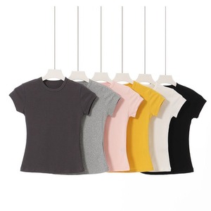 T-shirt estive da donna in cotone a maniche corte, girocollo, tinta unita, <span class=keywords><strong>aderenti</strong></span> - Product Image 4