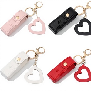 Heart-Shaped Lipstick Organizer Keychain Mirror PU Lipstick Case Holder Lip Gloss Bag Lip Balm Pouch Women